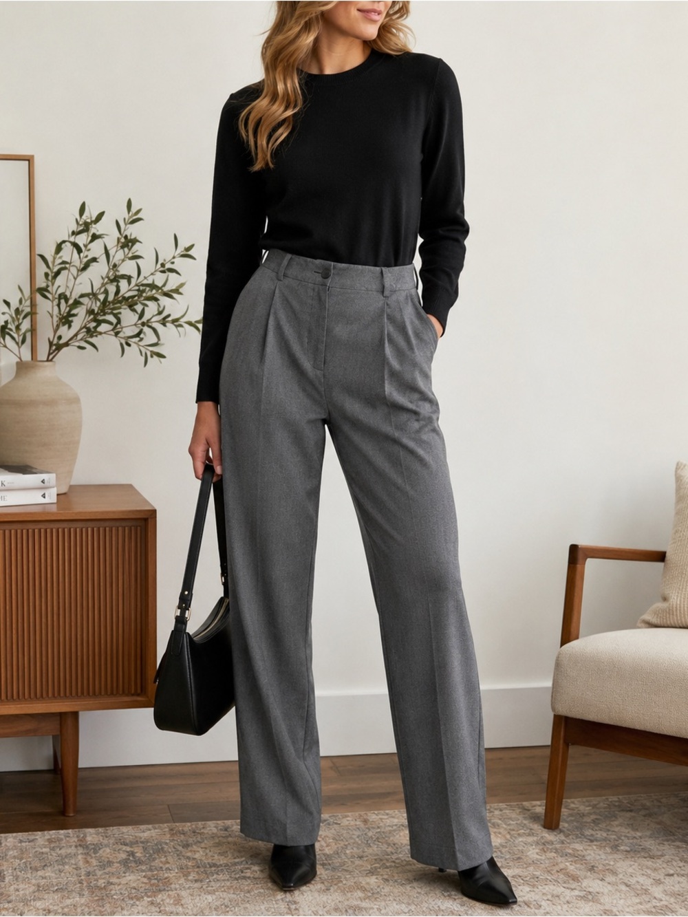Monkl Women’s Gray Pleated Trousers Size 10 High Rise Straight Leg Career Pants